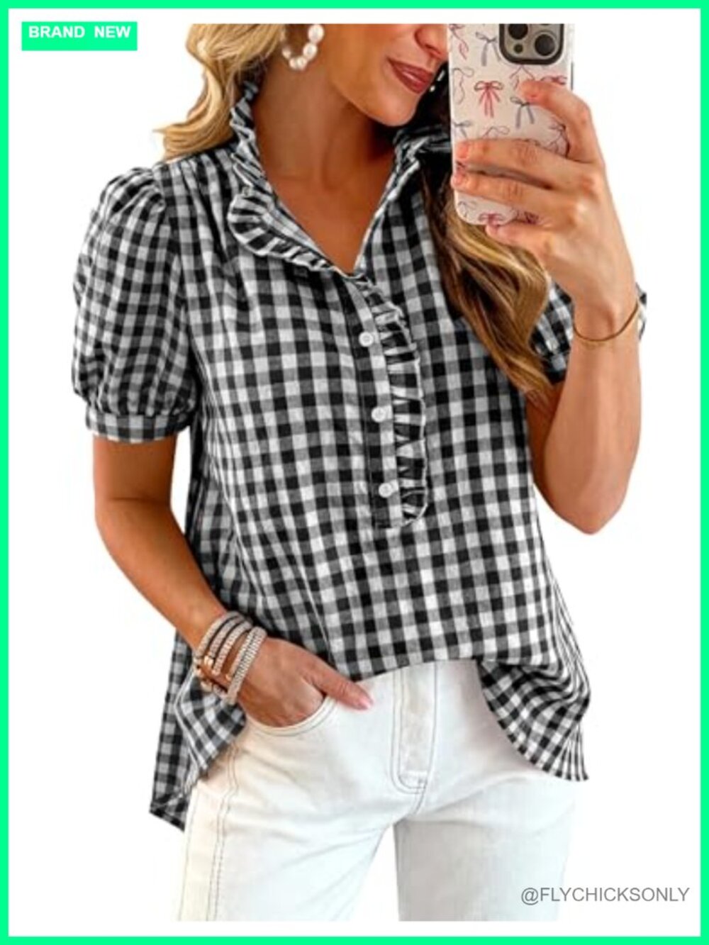 Womens Gingham Plaid Button Down Shirt Puff Sleeve Ruffle V Neck Blouse